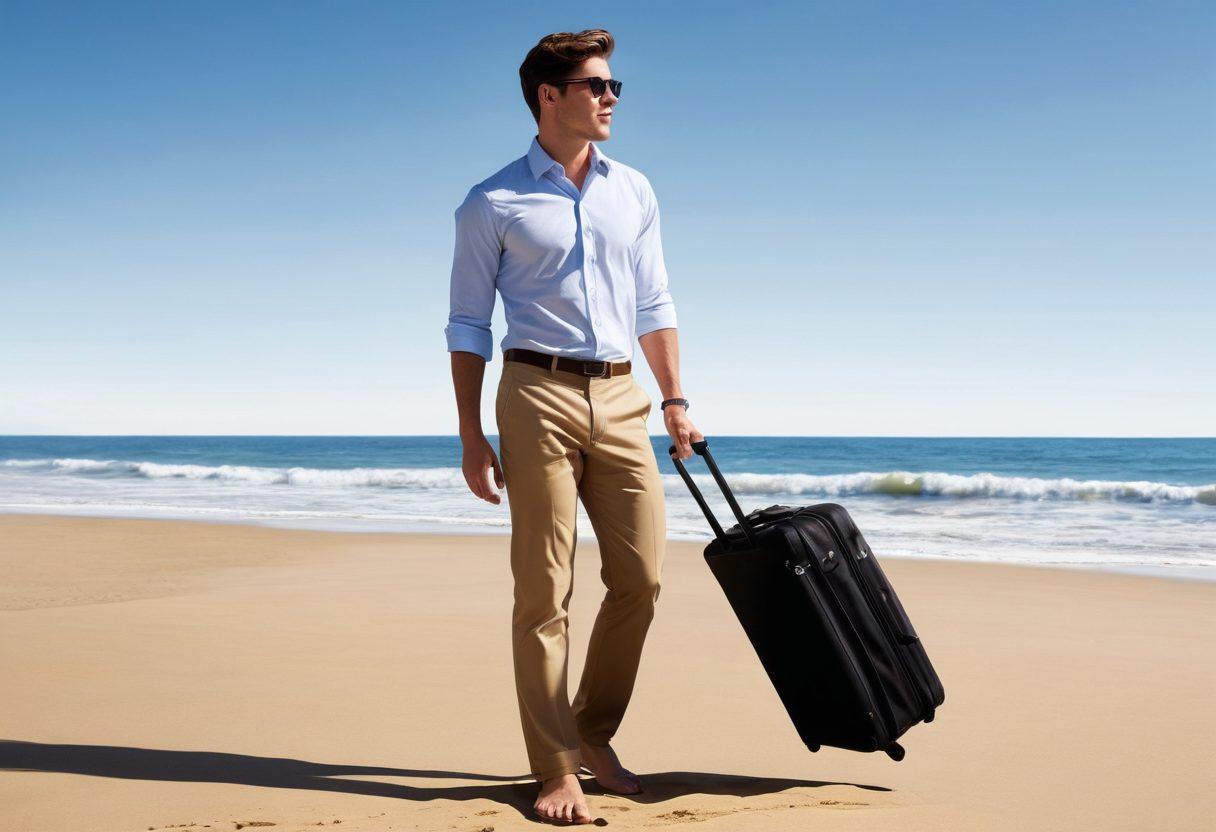 A confident individual standing on a sandy beach wearing stylish yet professional beach attire, embodying a blend of casual and formal elements. In the background, waves gently lap at the shore with a clear blue sky, while subtle hints of office items like a laptop and briefcase are interspersed in the sand to symbolize the job market. The scene conveys a sense of relaxed professionalism and vibrant identity. super-realistic. vibrant colors. bright daylight.